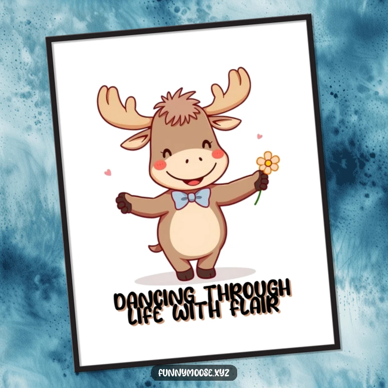 Funny free printable wall art: Giggling moose in a tiny bowtie joyfully dances with a flower, adding whimsical humor to any room.