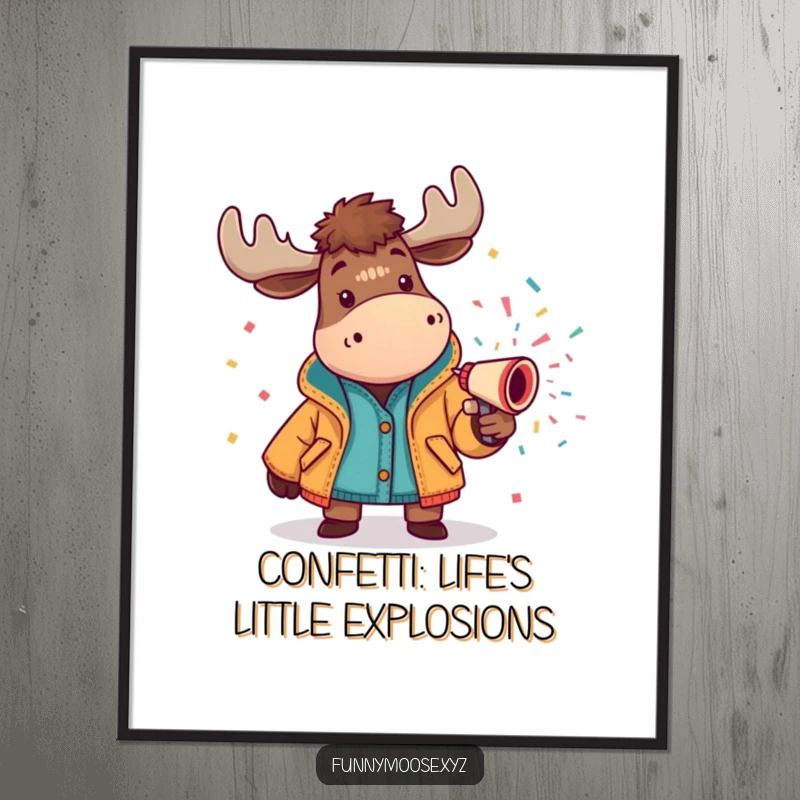 Funny Free Printable Wall Art: A happy moose in a bright jacket sprays a confetti cannon, creating a festive scene.