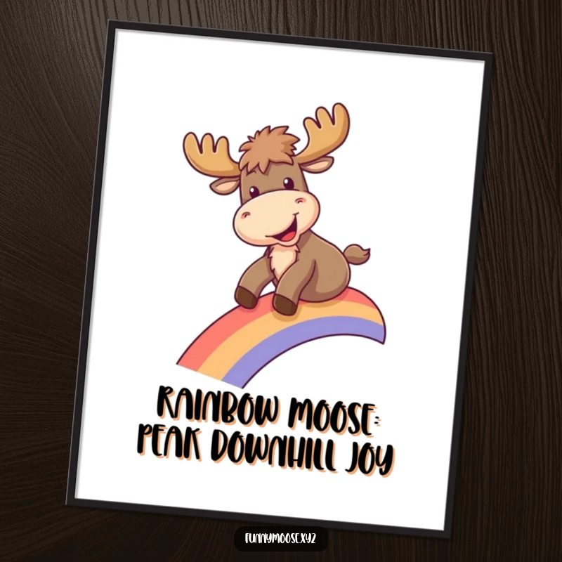 Funny free printable wall art: A moose gleefully slides down a vibrant rainbow, bringing pure joy.