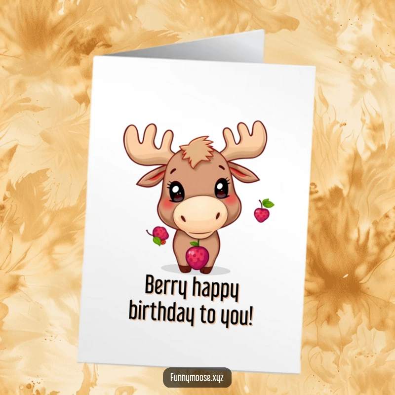 Funny Free Printable Birthday Card: Playful moose with bright eyes trying to balance a berry on its nose for a birthday.