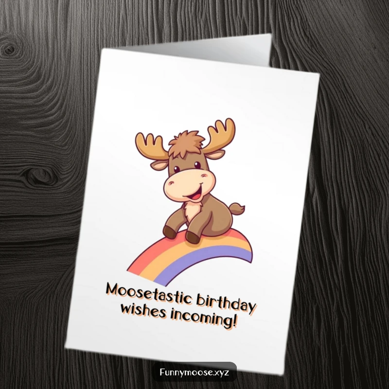 Funny free printable birthday card: Playful moose joyfully sliding down a vibrant rainbow, spreading cheer.