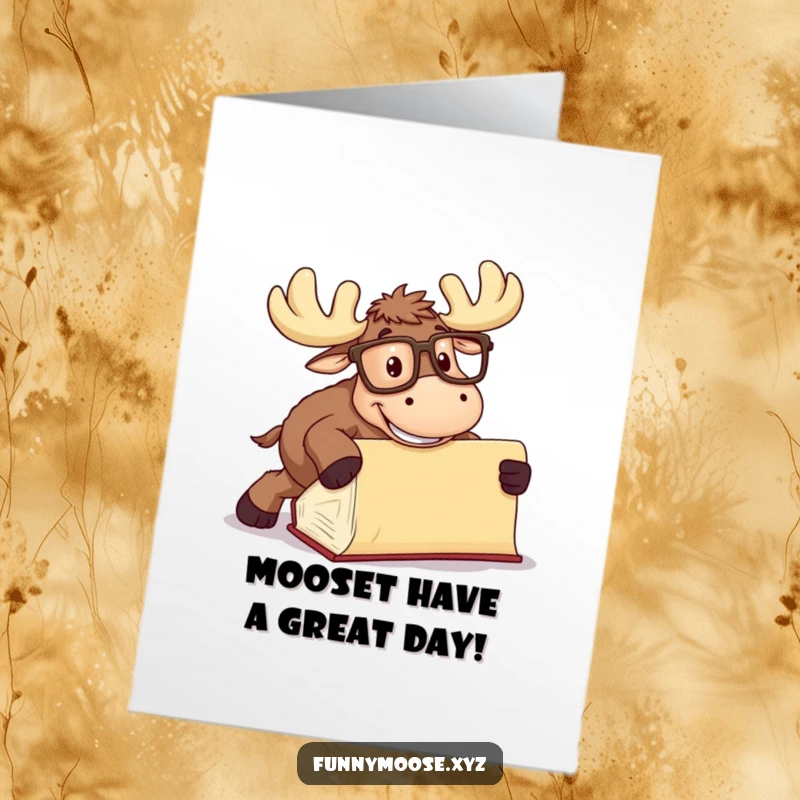Funny free printable birthday card of a clumsy moose in big glasses tripping over a book with a huge goofy grin.