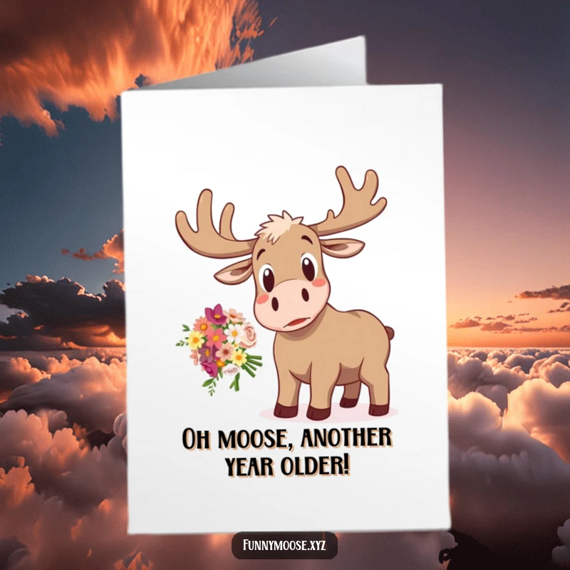 Funny Free Printable Birthday Card: A moose with a startled face dropping a bouquet of flowers in shock