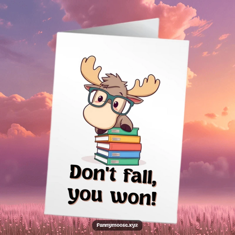 Funny Free Printable Congratulations Card with a moose in big glasses comically tripping over a pile of books.