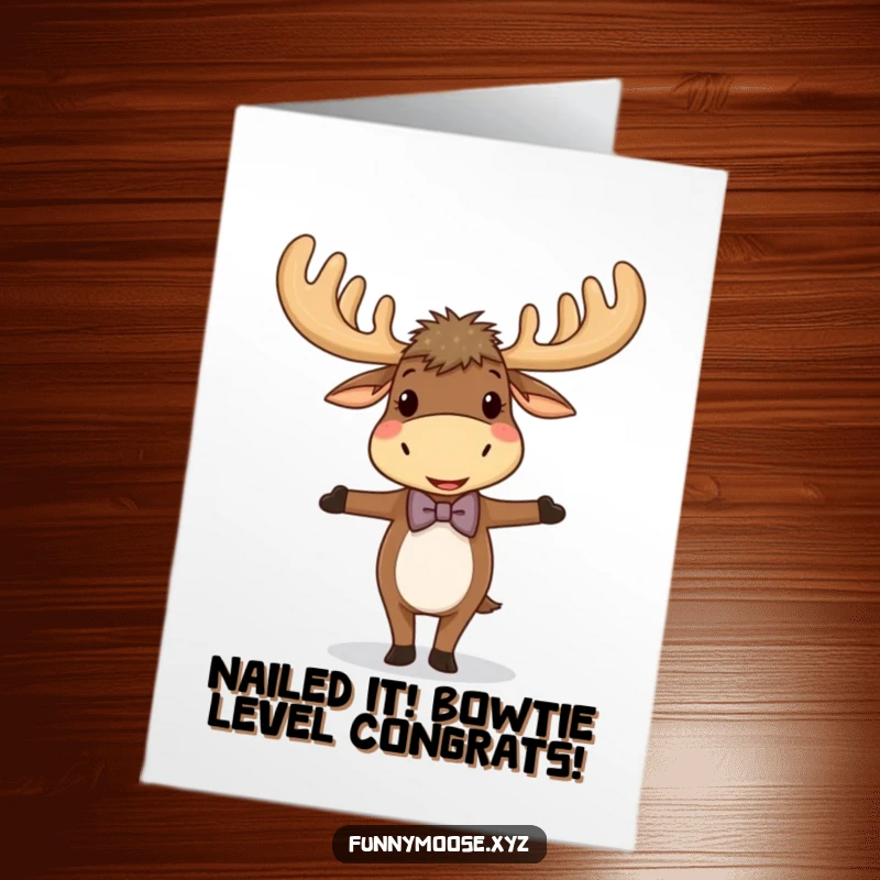 Funny free printable congratulations card: A moose in a bowtie balances on one hoof, looking proud.