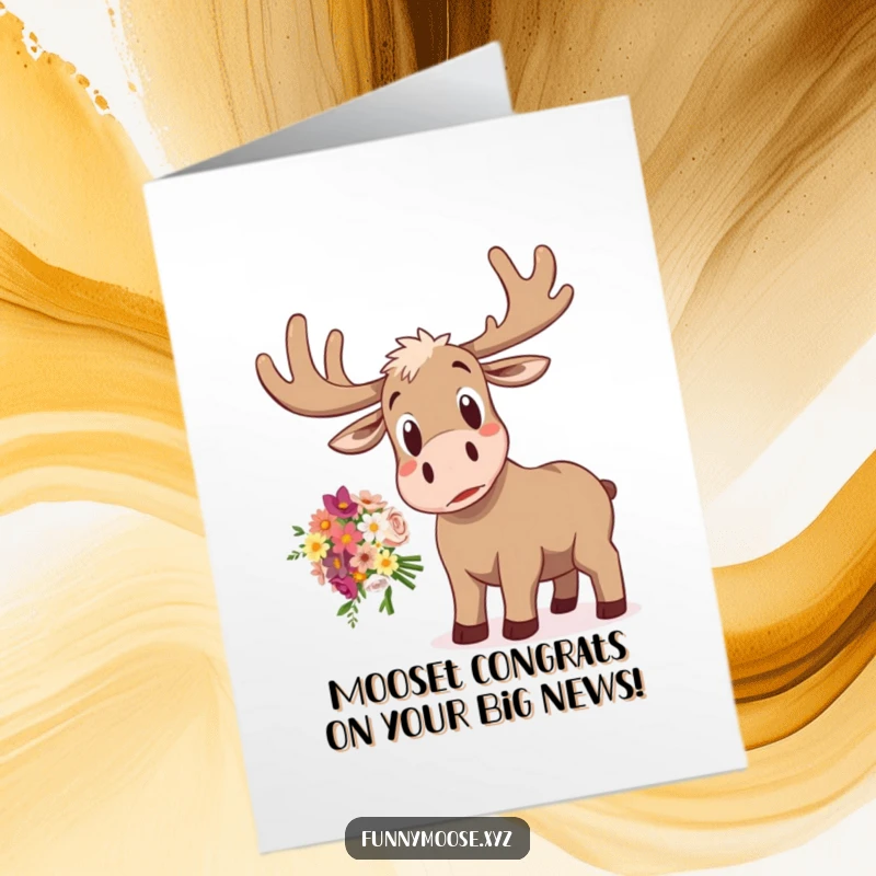 Funny Free Printable Congratulations Card: A shocked moose letting go of a flower bouquet in surprise