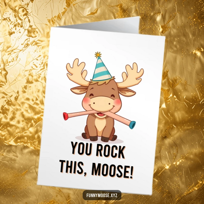 Funny Free Printable Congratulations Card with a happy moose wearing a party hat, enthusiastically blowing a kazoo.