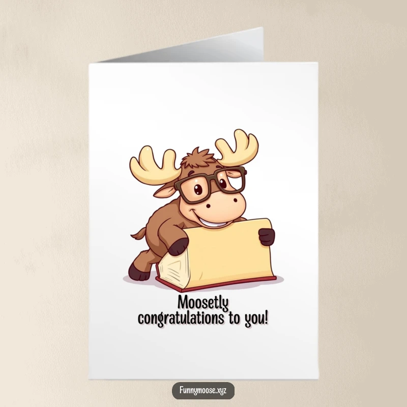 Funny free printable congratulations card showing a happy moose in glasses tumbling over a book, celebrating success.