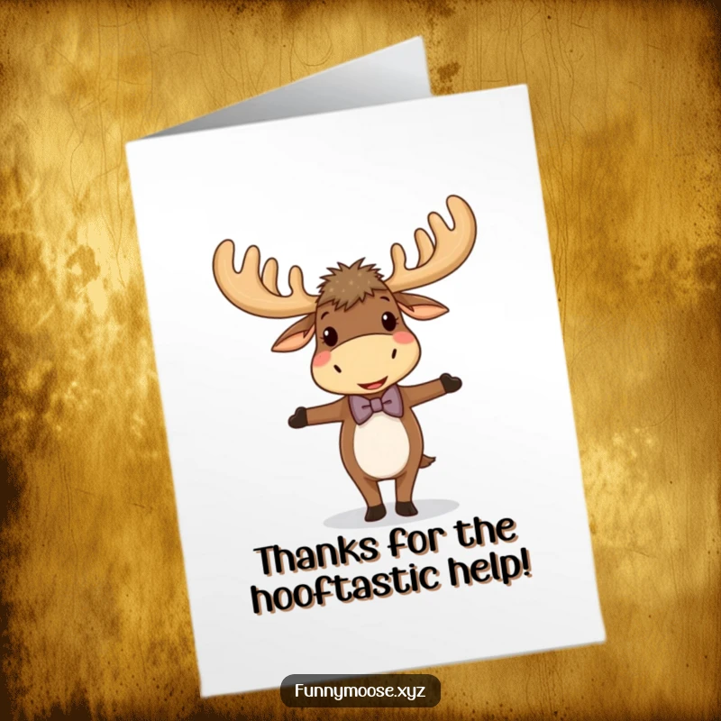 Funny free printable thank you card: A moose with a bowtie balances on one hoof, offering thanks.