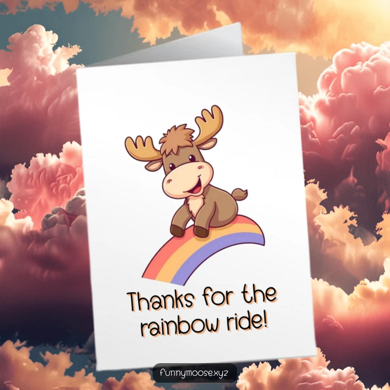 Funny free printable thank you card: A moose slides down a rainbow, conveying heartfelt, cheerful thanks.