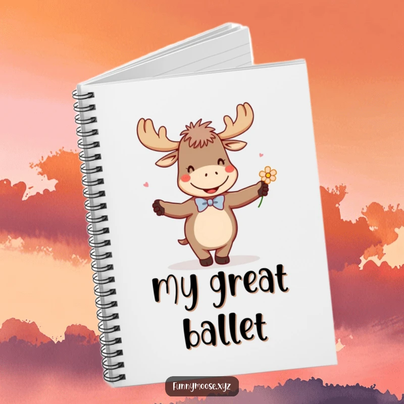 Funny notebook with a giggling moose in a tiny bowtie, enthusiastically dancing with a flower, perfect for creative minds.