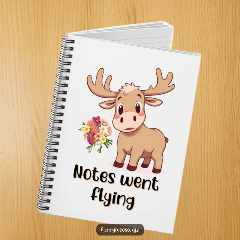 Funny notebook cover featuring a startled moose with a shocked expression, comically dropping a bouquet of flowers, perfect for journaling.