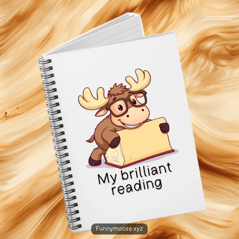 Funny Moose Notebook with oversized glasses tripping over a book, perfect for notes and literary journaling.