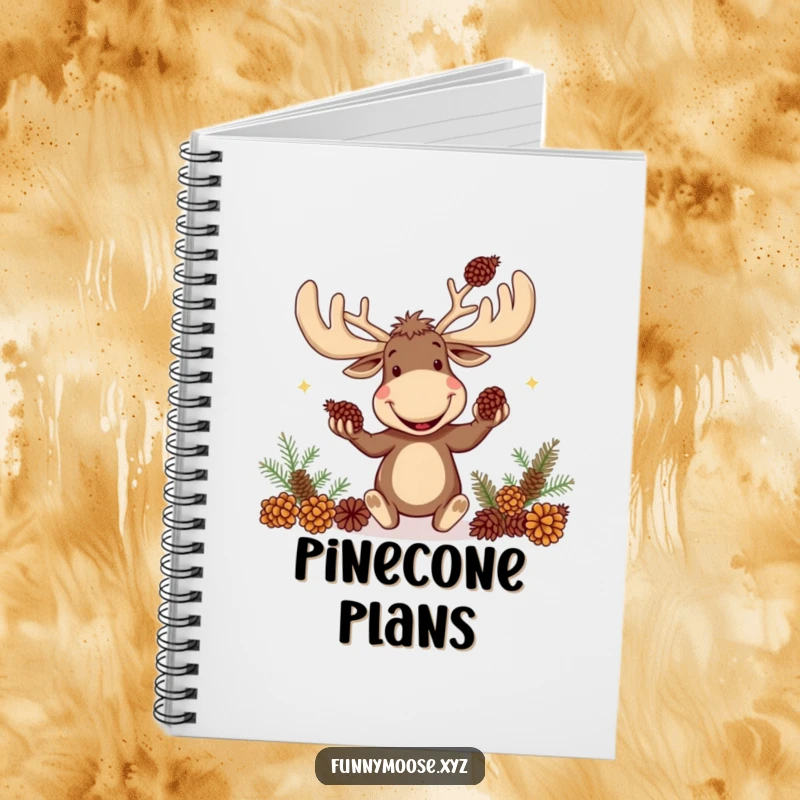 Funny notebook cover art of a goofy moose with giant antlers juggling pinecones.
