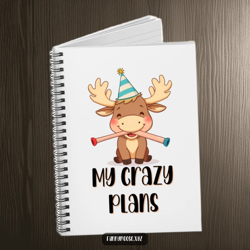 Funny notebook with a happy cartoon moose wearing a party hat, joyfully blowing a kazoo, perfect for creative writing and festive note-taking.