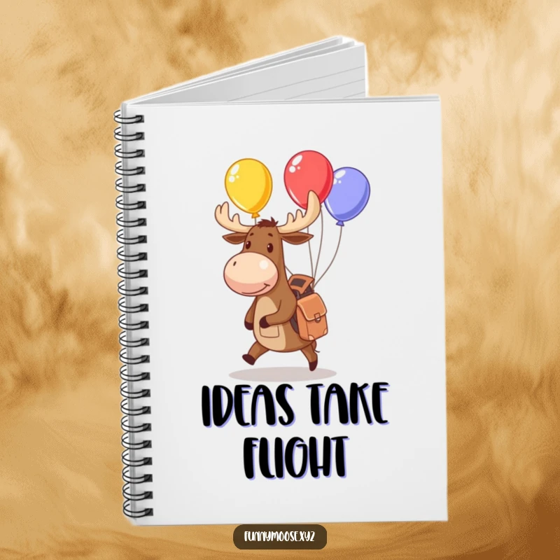 Funny moose notebook with a small backpack juggling colorful balloons, ideal for jotting down funny ideas and plans.