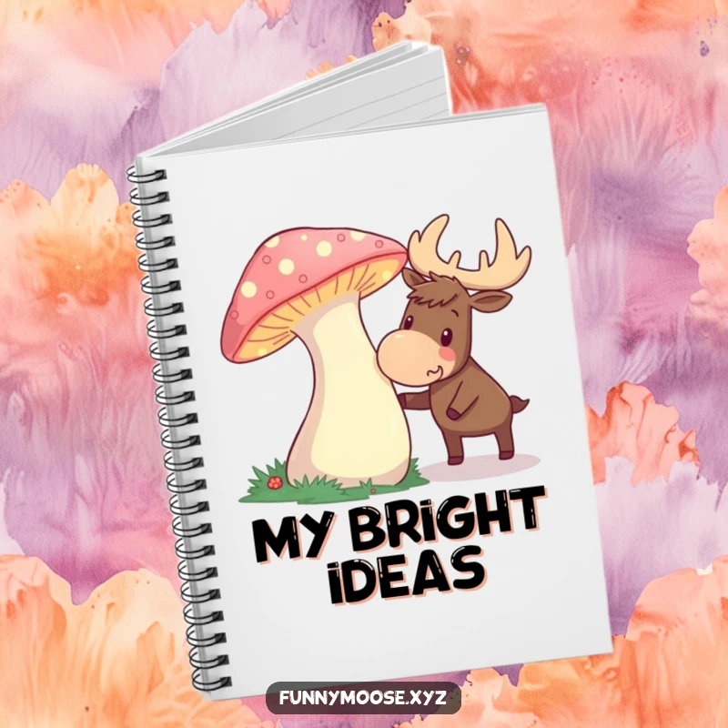 Funny notebook cover shows a curious moose thrilled by a giant glowing mushroom, perfect for capturing enchanted thoughts.