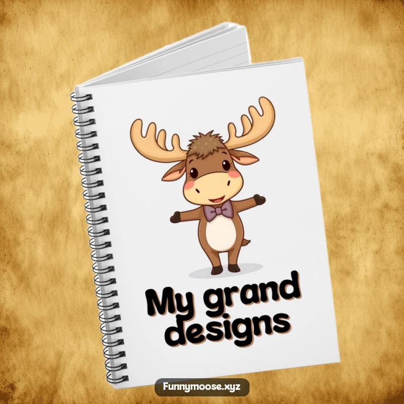 Funny notebook cover shows a giggling moose with large antlers and a bowtie, balancing perfectly, for stylish note-taking.