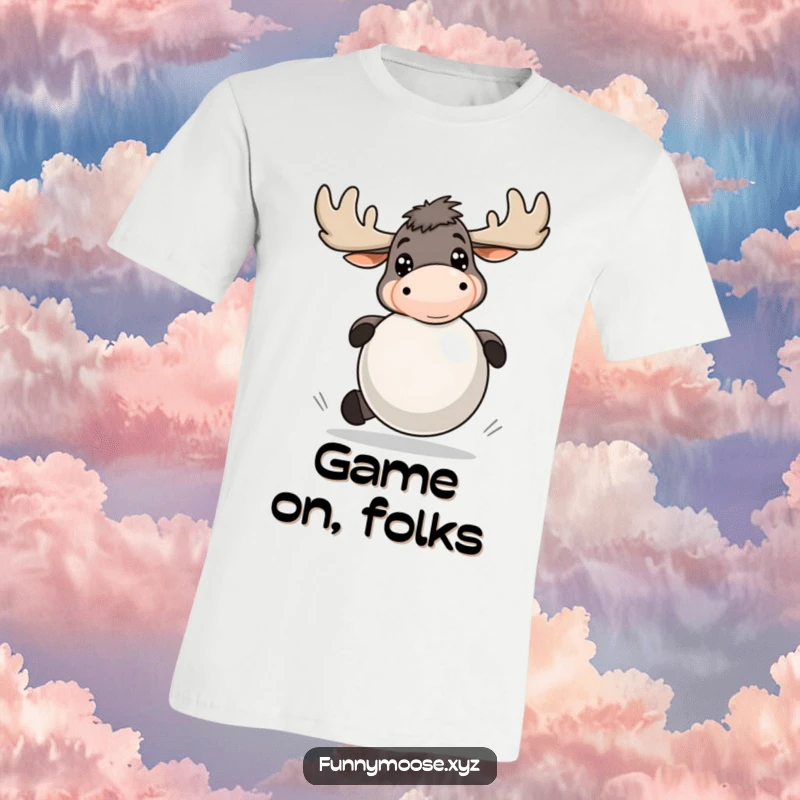 Funny t-shirt depicting an energetic moose with bright eyes, playfully bouncing a large ball, embodying lively fun.