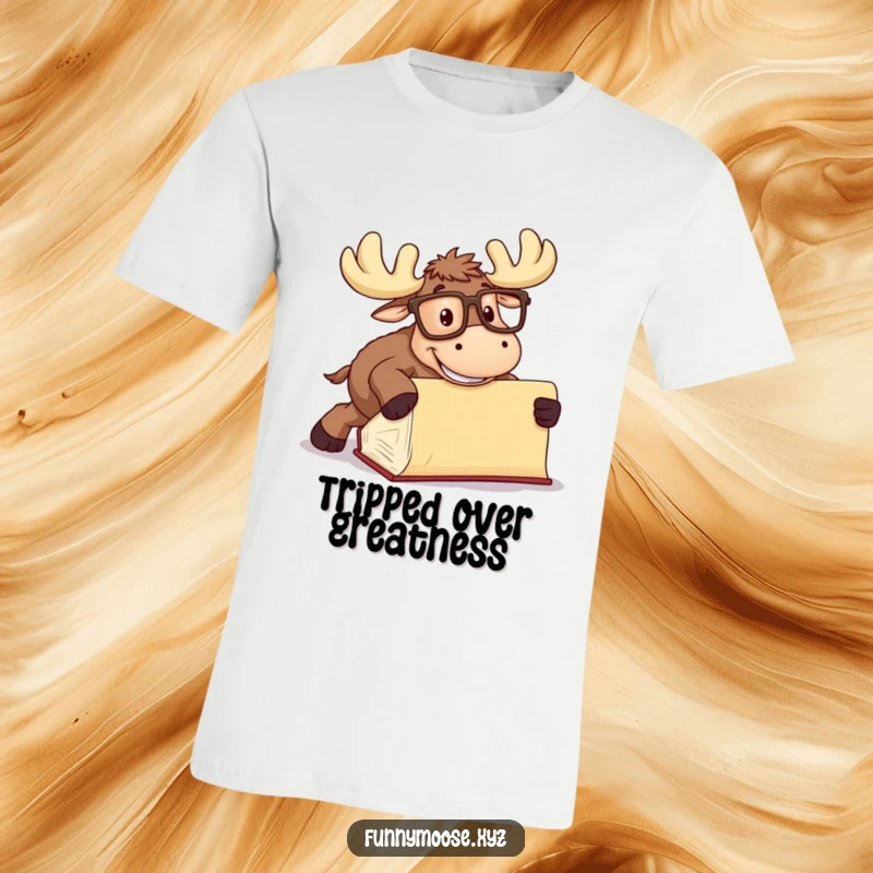 Funny Moose T-Shirt with oversized glasses tripping over a book, a humorous and relatable graphic tee.