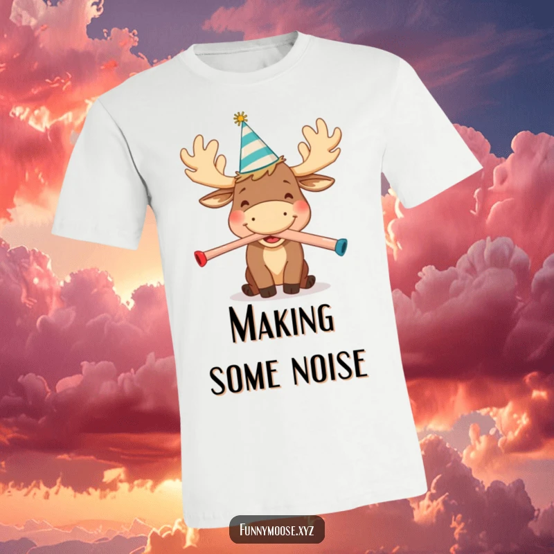 Funny t-shirt showing a happy cartoon moose wearing a party hat, joyfully blowing a kazoo, radiating festive energy.