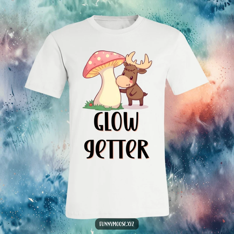 Funny t-shirt showcasing a curious moose nudging a giant, glowing mushroom with palpable excitement and thrill.