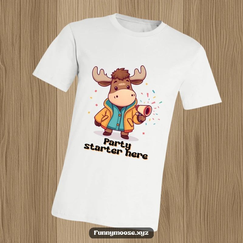Funny moose t-shirt in a bright jacket spraying a confetti cannon, ideal apparel for party lovers with a sense of humor.
