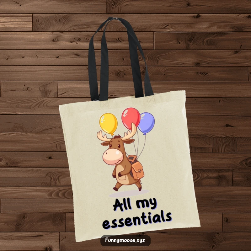Funny moose tote bag with a small backpack juggling colorful balloons, great for carrying fun essentials humorously.