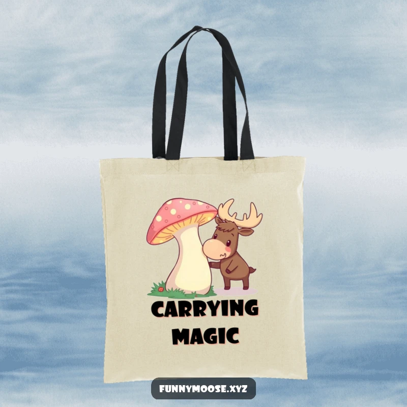 Funny tote bag featuring a curious moose excitedly interacting with a giant glowing mushroom, ideal for carrying essentials with magic.