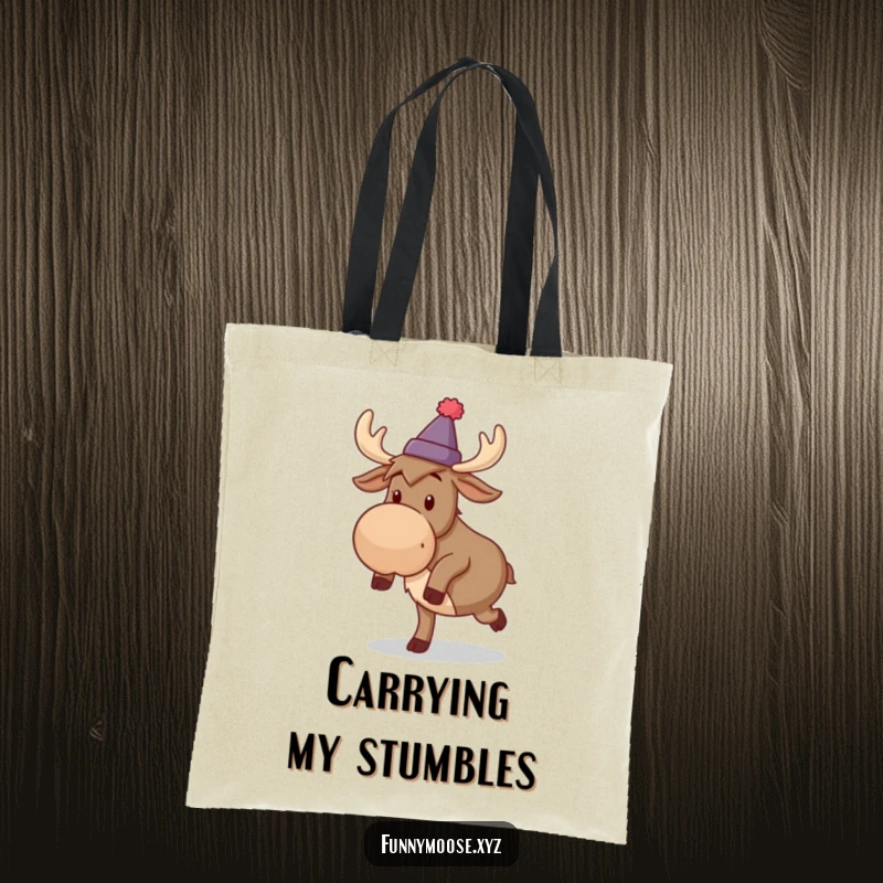 Funny tote bag depicting a silly moose in a tiny hat, comically tripping over its own feet.
