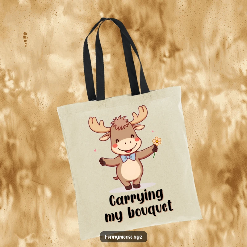 Funny tote bag illustrating a giggling moose, sporting a tiny bowtie, dancing jubilantly with a flower, full of life.