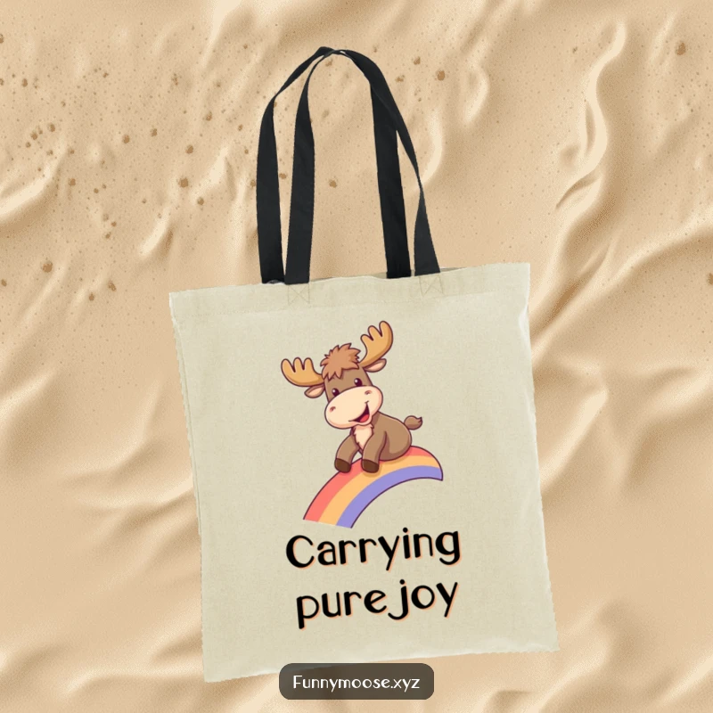 Funny tote bag featuring a delightful moose joyfully sliding down a rainbow, designed for carrying essentials with a smile.