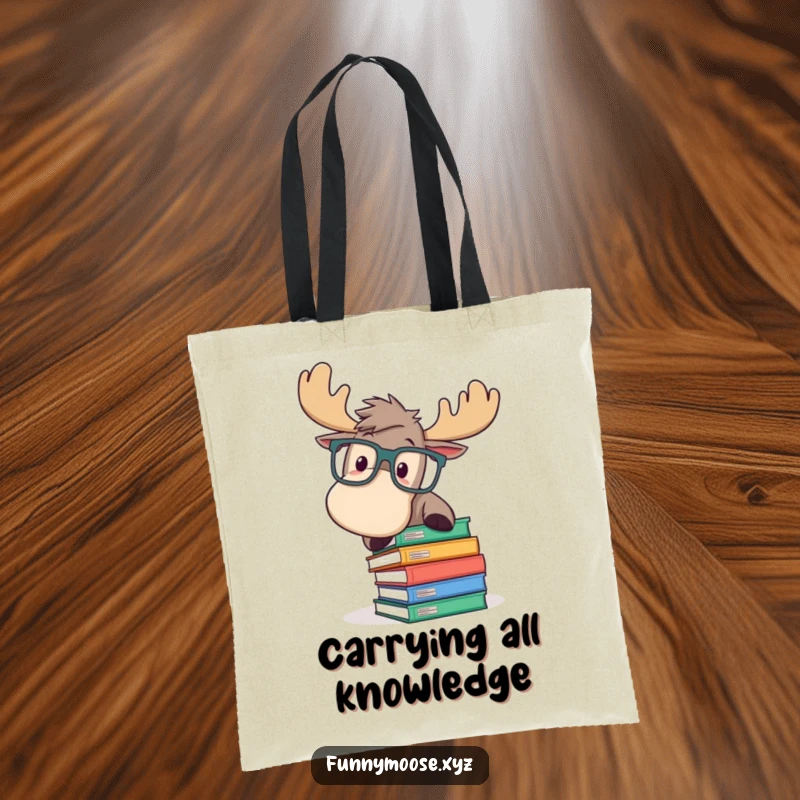 Funny tote bag with a playful moose in large glasses, comically tripping over books, ideal for carrying literary treasures with humor.