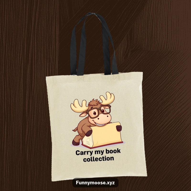 Funny Moose Tote Bag with oversized glasses tripping over a book, a humorous and practical accessory.