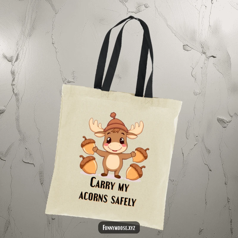 Funny Moose Tote Bag with a hat attempting to juggle acorns, a humorous and practical accessory.