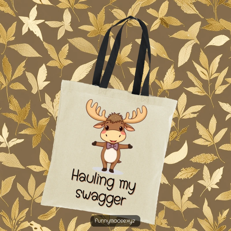 Funny tote bag featuring a giggling moose with large antlers and a tiny bowtie, balancing playfully, ideal for carrying daily items.